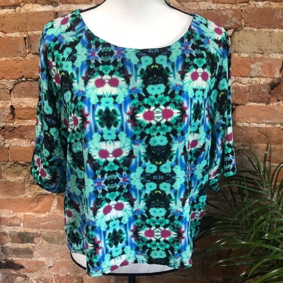 FRANCESCA’S “BIRDCAGE” BLOUSE TOP WOMENS LARGE RETRO STYLE MULTICOLOR USA MADE - Picture 1 of 6